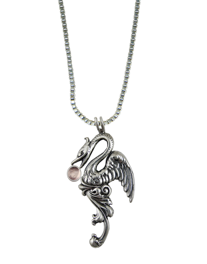 Sterling Silver Medieval Phoenix Sun Bird Pendant With Rose Quartz